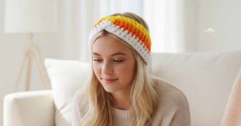 Woman wearing a white, yellow, and orange crochet twisted ear warmer inspired by candy corn in a bright neutral room.