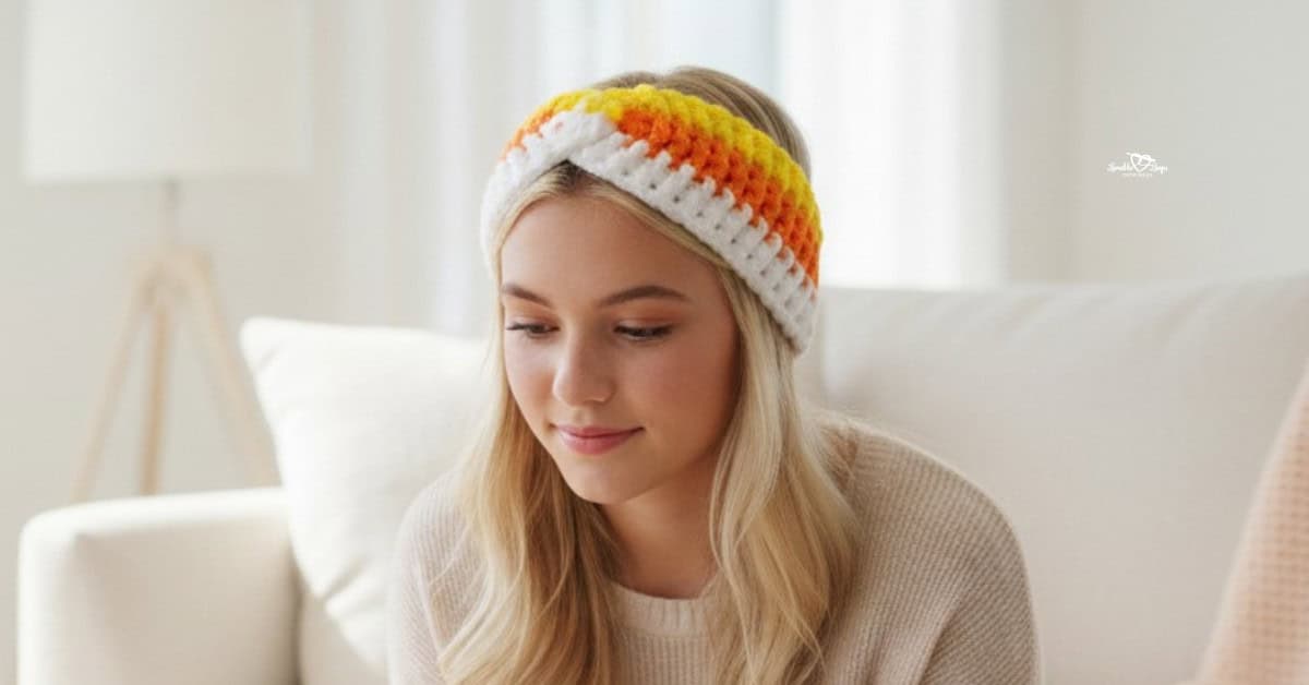 Woman wearing a white, yellow, and orange crochet twisted ear warmer inspired by candy corn in a bright neutral room.