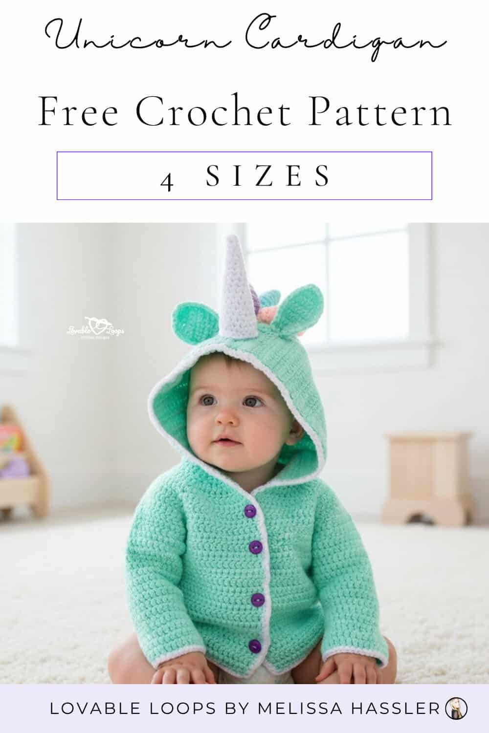 Cute hooded unicorn baby sweater crochet pattern with button front and magical unicorn hood details.