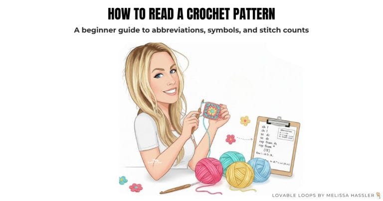 Blog cover image for a crochet tutorial titled “How to Read a Crochet Pattern.” A smiling cartoon-style woman holds a crochet square and hook beside colorful yarn balls and a clipboard with crochet abbreviations and pattern symbols.