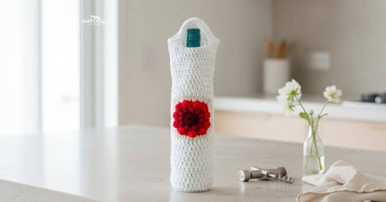 Crochet wine bottle bag with a bold red flower detail displayed on a bright kitchen island with soft floral decor and a neutral modern kitchen background.