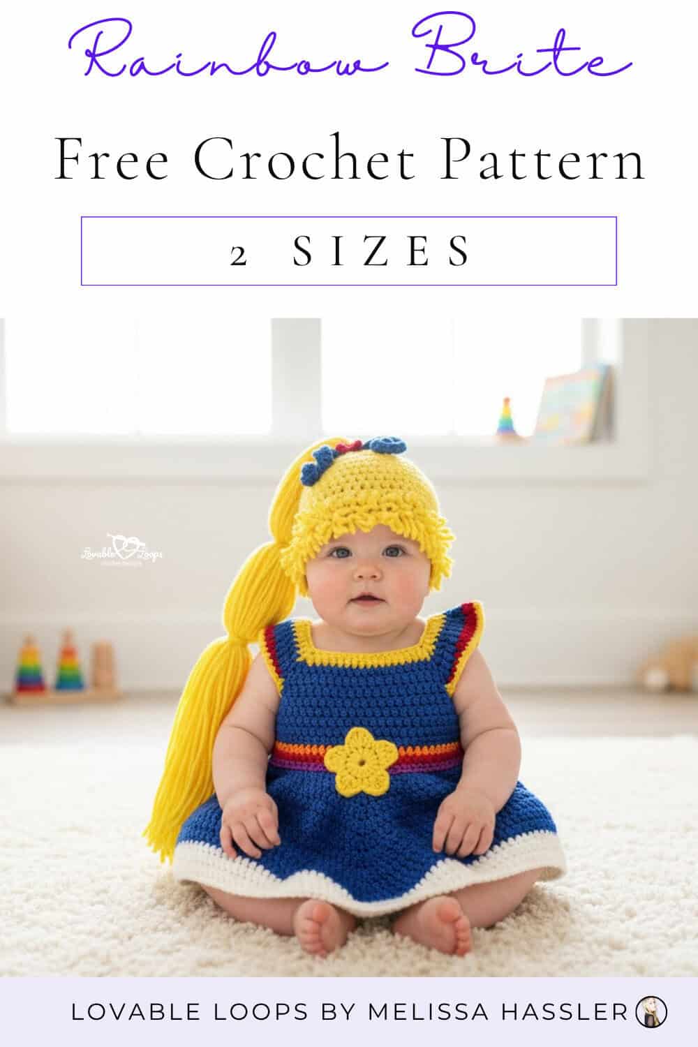 Bright baby crochet costume inspired by Rainbow Brite, perfect for Halloween photos and colorful handmade baby outfits.