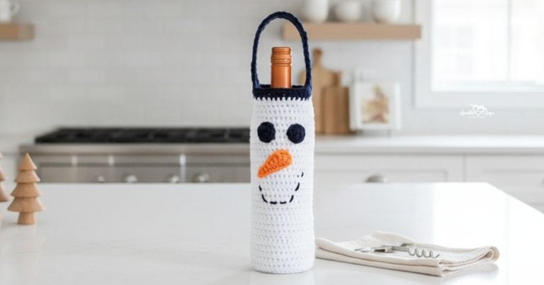 White crochet snowman wine bottle bag displayed on a bright kitchen island with minimal Christmas decor and a clean modern kitchen background.