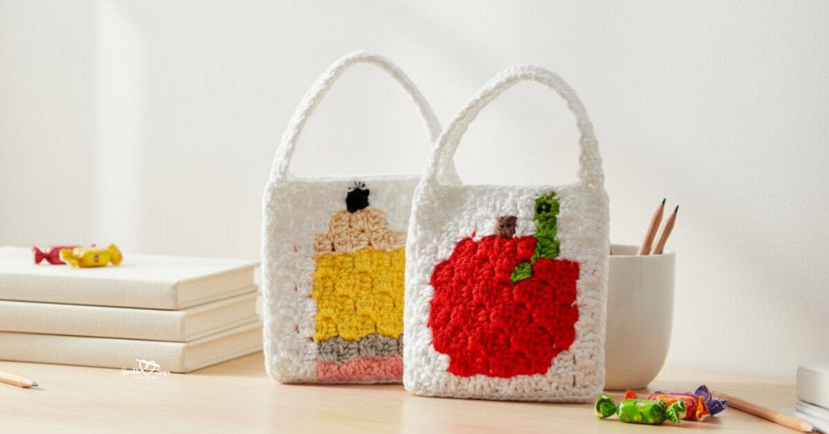 Two mini crochet teacher treat bags on a light wood desk, one with a pencil design and one with a red apple design, styled beside books, pencils, and candy.