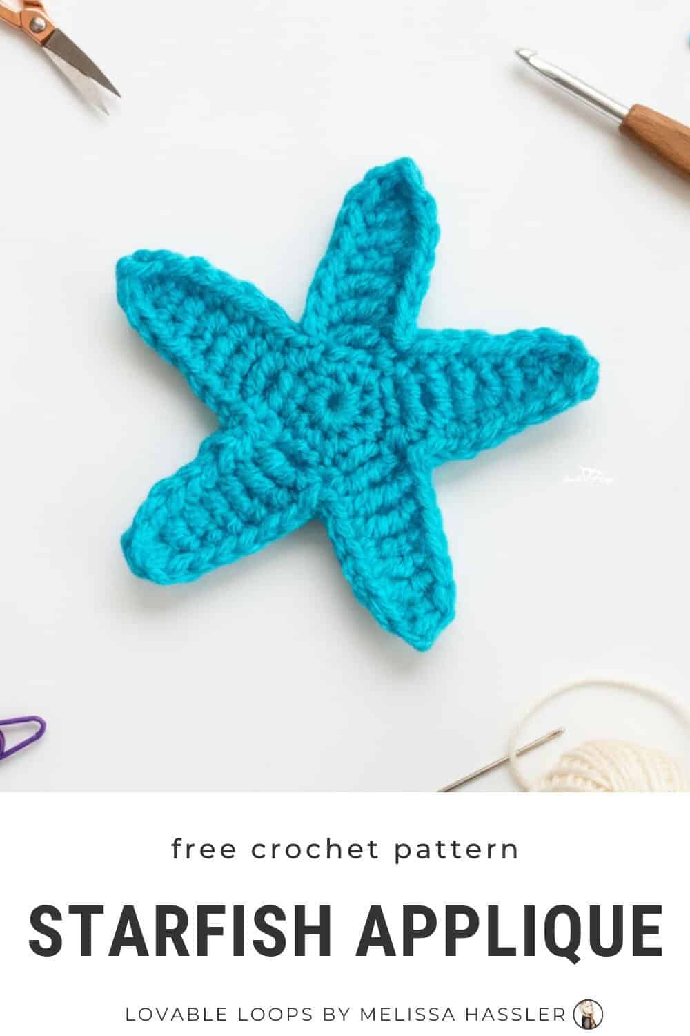 Crochet starfish applique pattern photo styled on a white desktop with yarn, a crochet hook, scissors, and colorful stitch markers nearby.