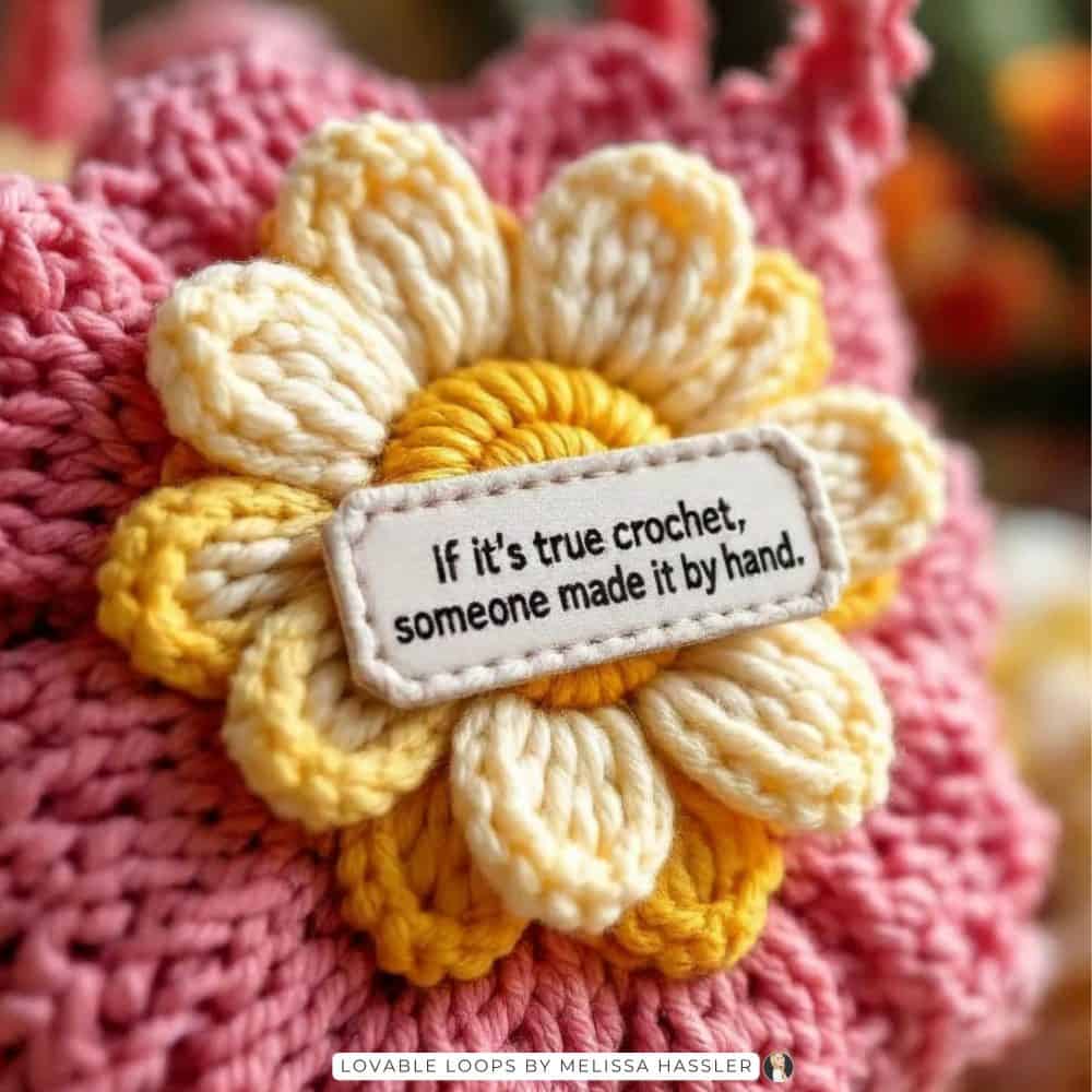 Close-up of a crochet flower on a pink crochet piece with a label that says if it&rsquo;s true crochet, someone made it by hand.
