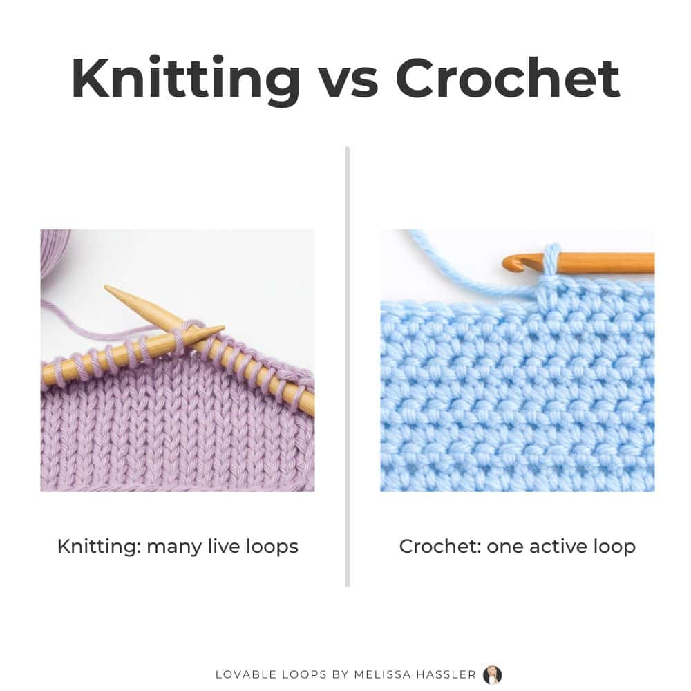 Knitting vs crochet comparison graphic showing knitting needles with many live loops and a crochet hook with one active loop.