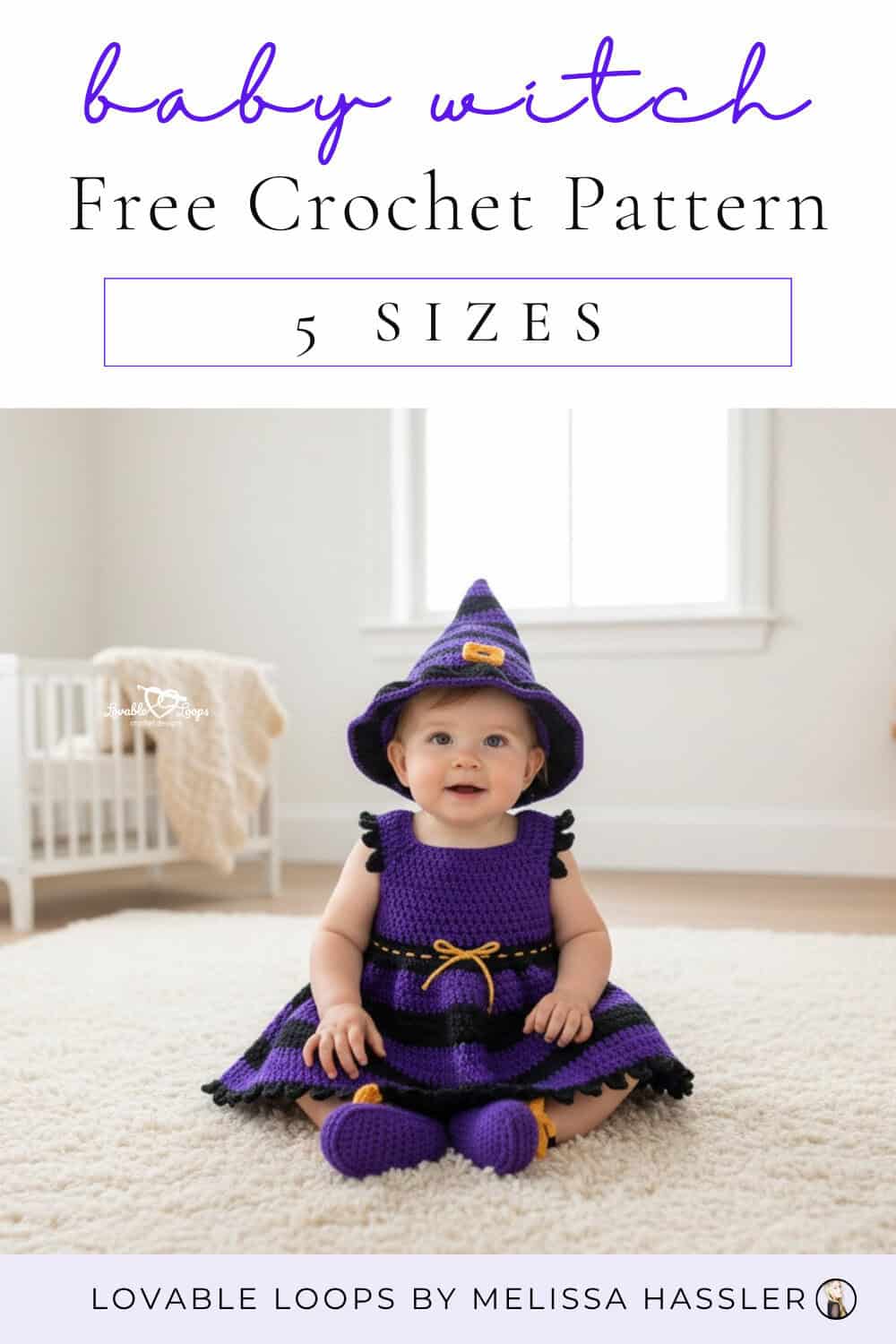 Cute baby crochet witch costume pattern featuring a purple and black dress with matching hat and baby booties.
