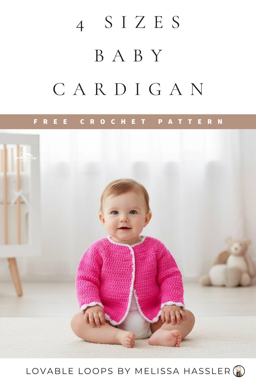 Bright pink crochet baby cardigan with white edging modeled by a baby, shown for a beginner baby cardigan crochet pattern with video tutorial.