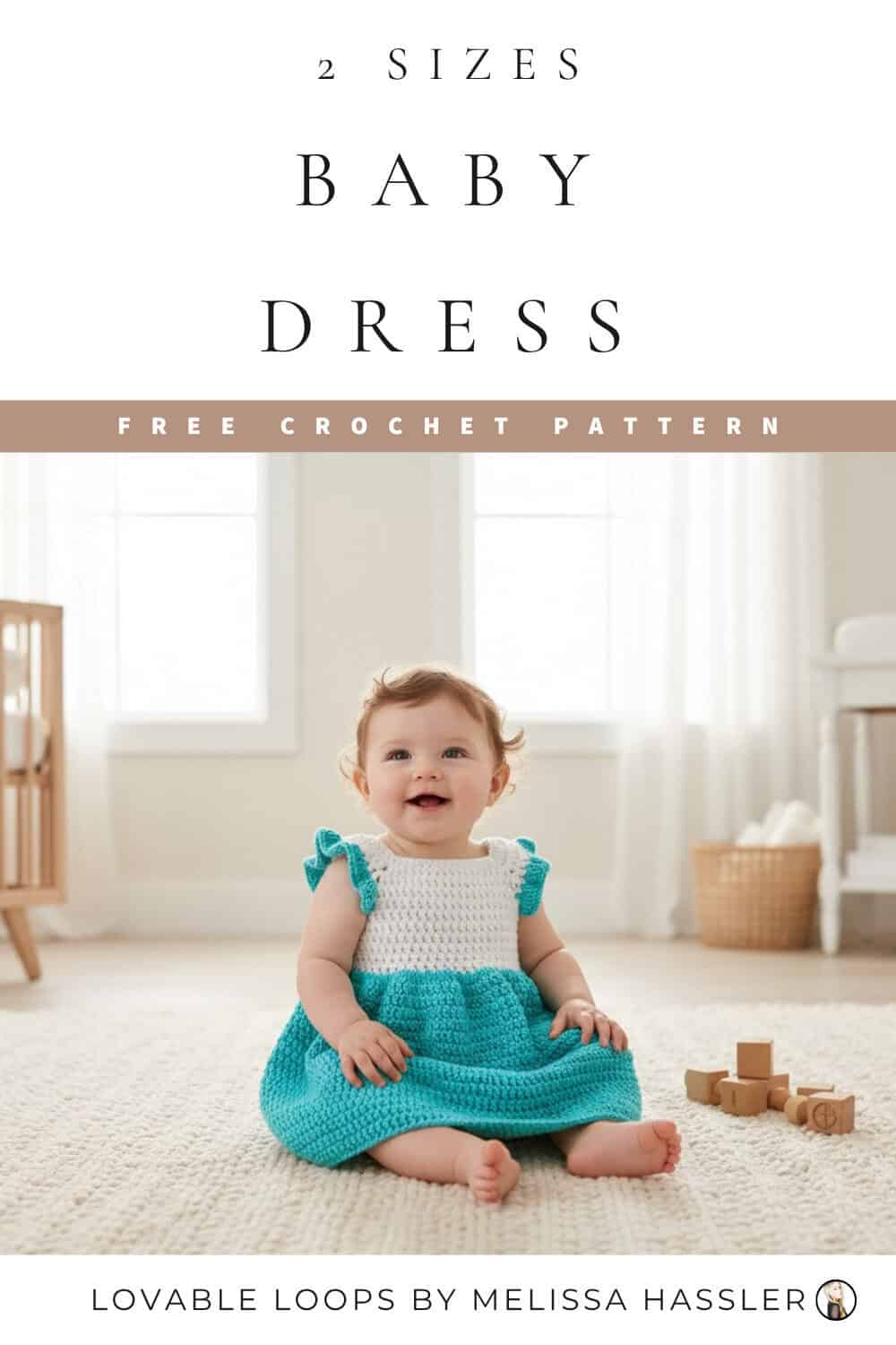 Cute crochet baby dress pattern with a white skirt and turquoise accents, sized for babies 3&ndash;6 months and 6&ndash;12 months.