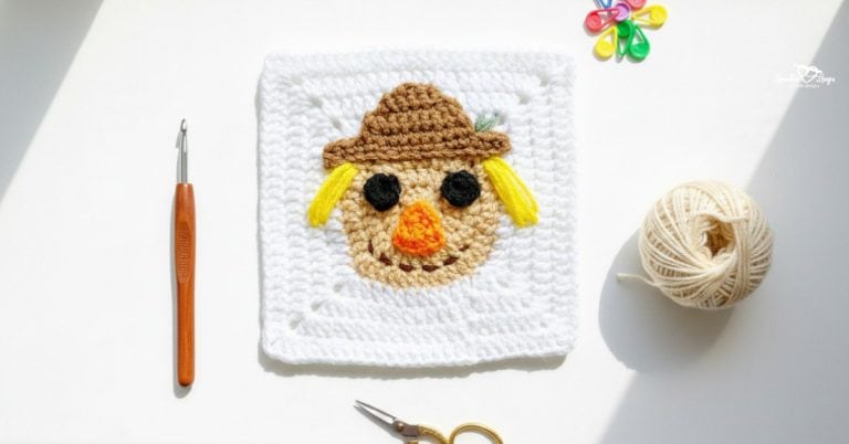 Overhead view of a white crochet square with a scarecrow face applique, styled on a white desk with a crochet hook, gold scissors, cream yarn, and colorful stitch markers.