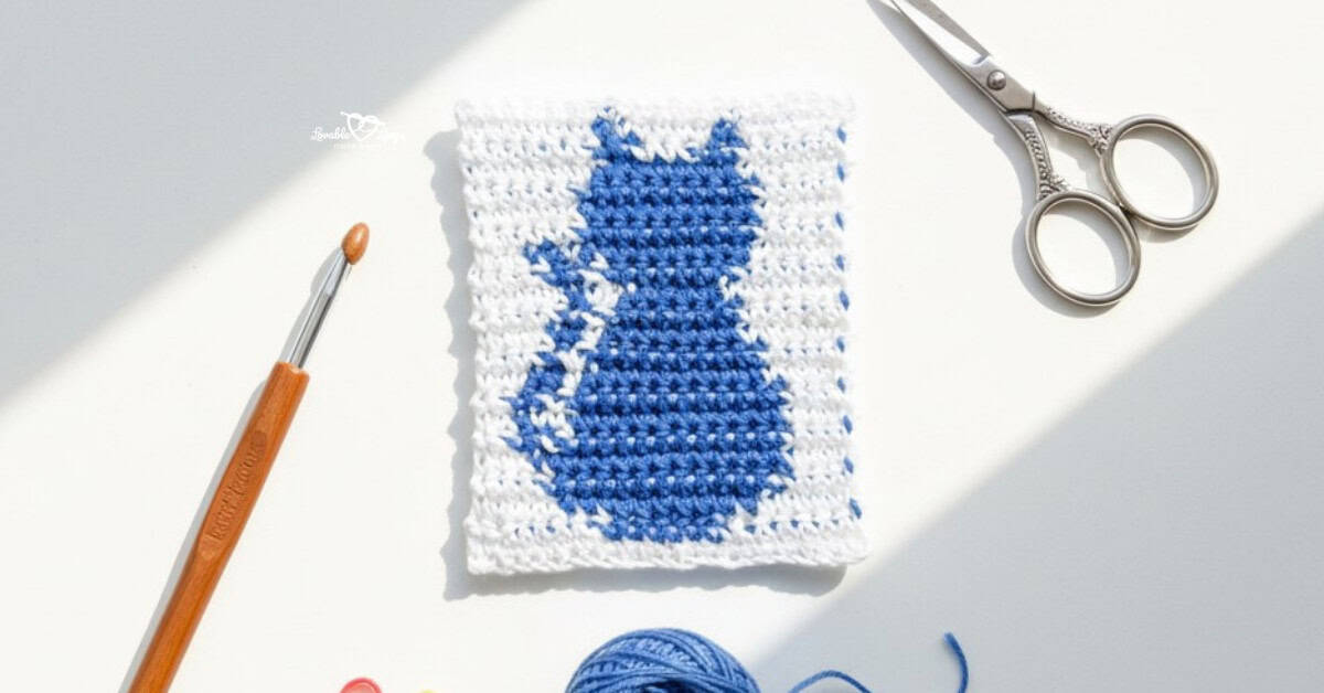 Overhead view of a white crochet square with a blue cat silhouette, styled on a white desk with a crochet hook, silver scissors, blue yarn, and colorful stitch markers.