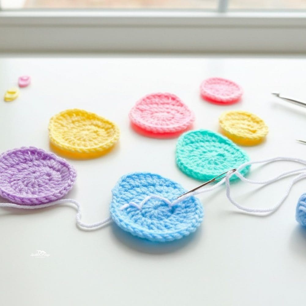 Pastel crochet egg appliques on a white desktop with a yarn needle stitching white detail onto a blue egg, with scissors and a crochet hook nearby.