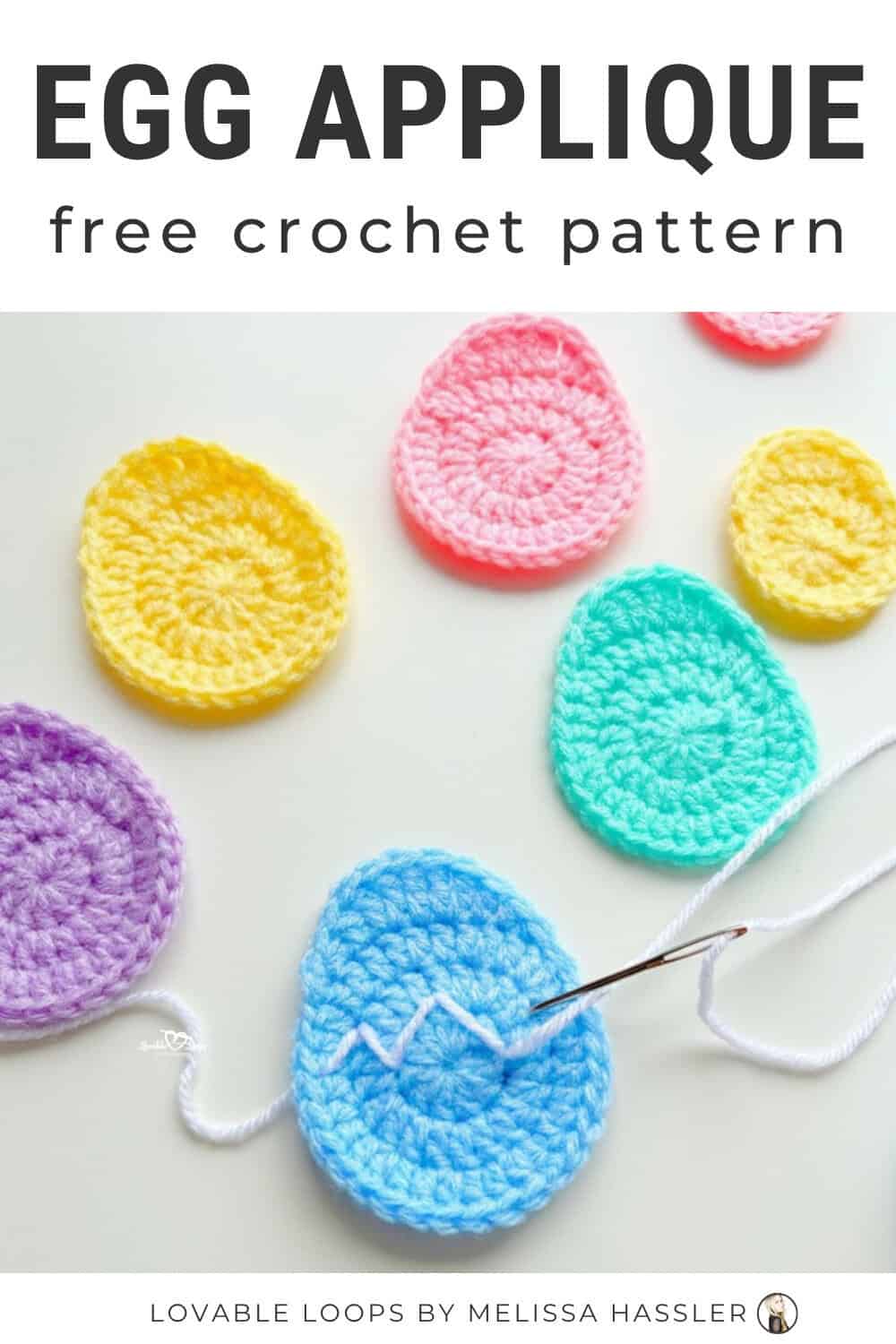 Egg applique crochet pattern displayed on a bright white desktop with pastel crochet eggs and simple crochet tools around them.