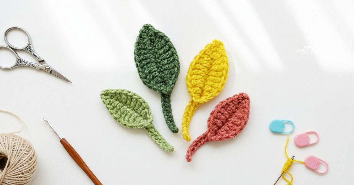 Crochet leaf applique pattern with four handmade leaves in green, yellow, and rust colors styled with scissors, a crochet hook, yarn, and stitch markers.