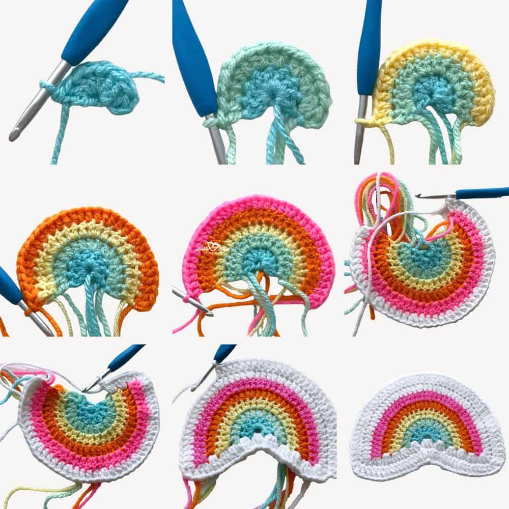 Step-by-step collage showing the crochet rainbow applique pattern in progress, from the first pastel rows to the finished rainbow with white cloud edging.