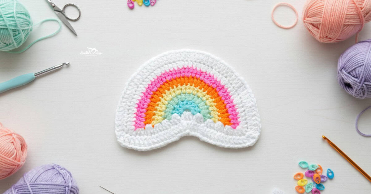 Crochet rainbow applique in pastel colors centered on a white desktop with yarn balls, crochet hooks, scissors, and colorful stitch markers around it.