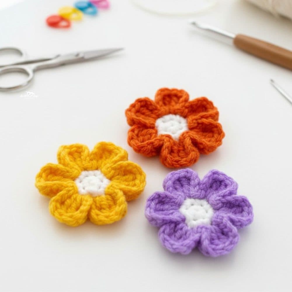 Three small crochet flower appliques in yellow, orange, and purple yarn on a white desktop with scissors, a crochet hook, and stitch markers nearby.