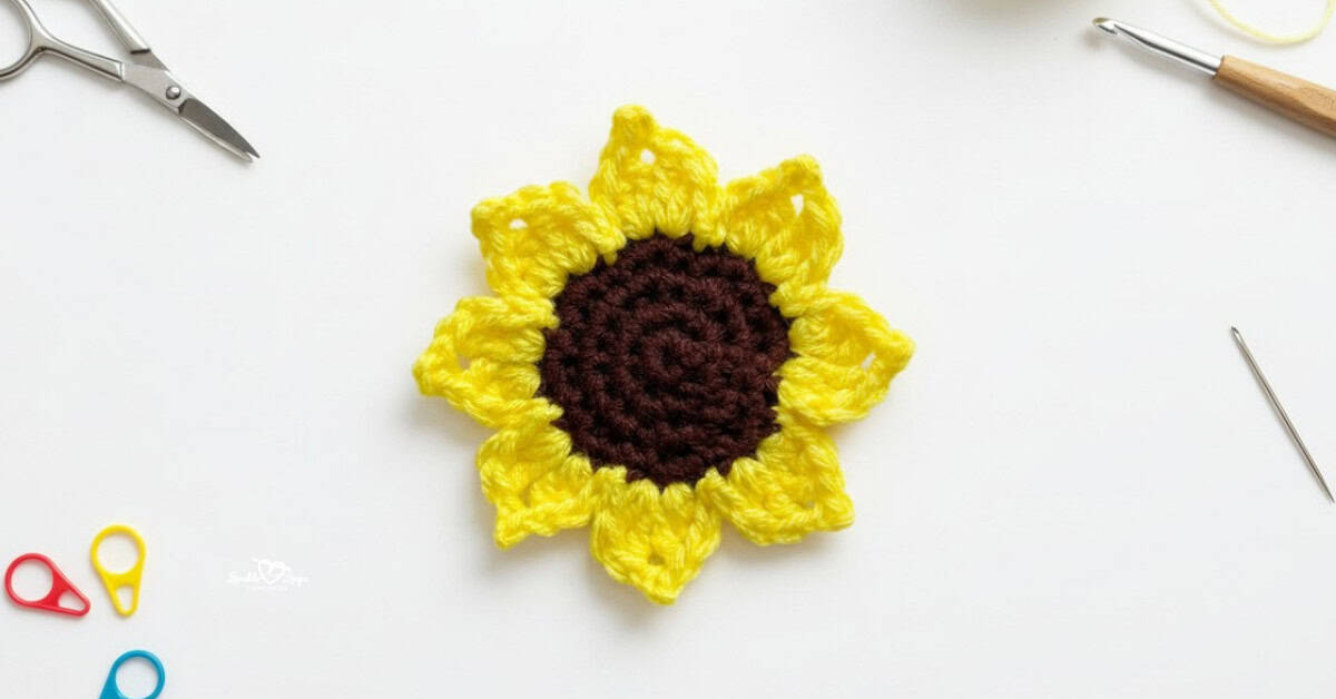 Crochet sunflower applique centered on a white desktop with scissors, a crochet hook, a yarn needle, and colorful stitch markers around the edges.