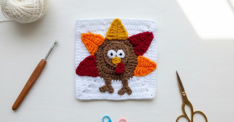 Overhead view of a white crochet square with a turkey applique in brown, orange, red, and yellow, styled on a white desk with a crochet hook, gold scissors, yarn, and colorful stitch markers.