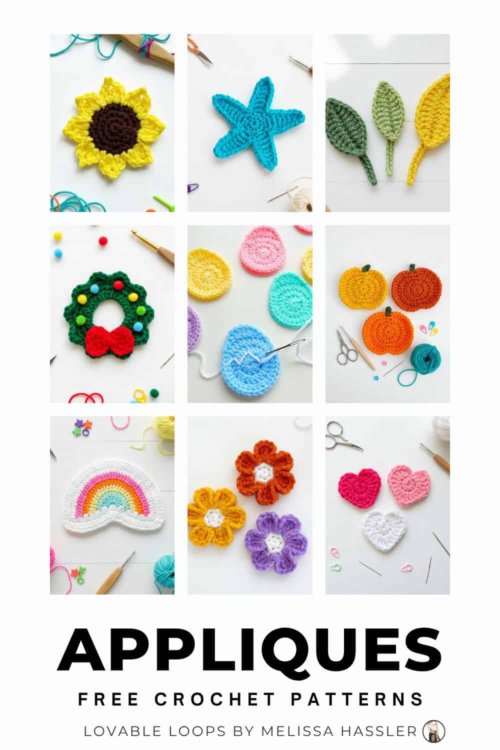 Collage of free crochet applique patterns on white backgrounds, including a sunflower, starfish, leaves, wreath, Easter eggs, pumpkins, rainbow, flowers, and hearts.
