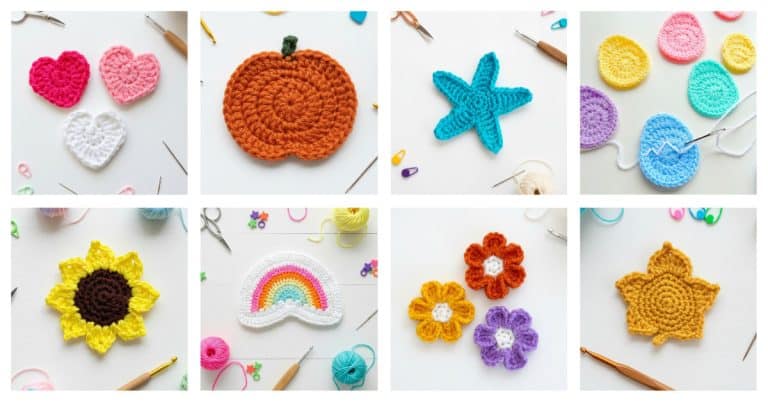 Collage of free crochet applique patterns on white backgrounds, including hearts, a pumpkin, starfish, Easter eggs, a sunflower, a rainbow, small flowers, and a maple leaf.