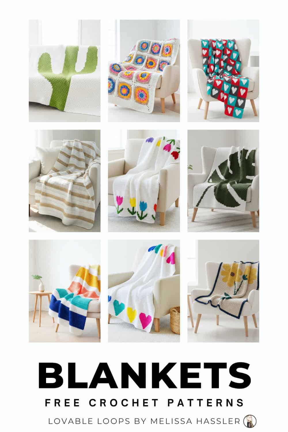 Collage of free crochet blanket patterns on cream chairs, featuring cactus, granny square, heart, striped, tulip, leaf, rainbow stripe, and flower blanket designs.