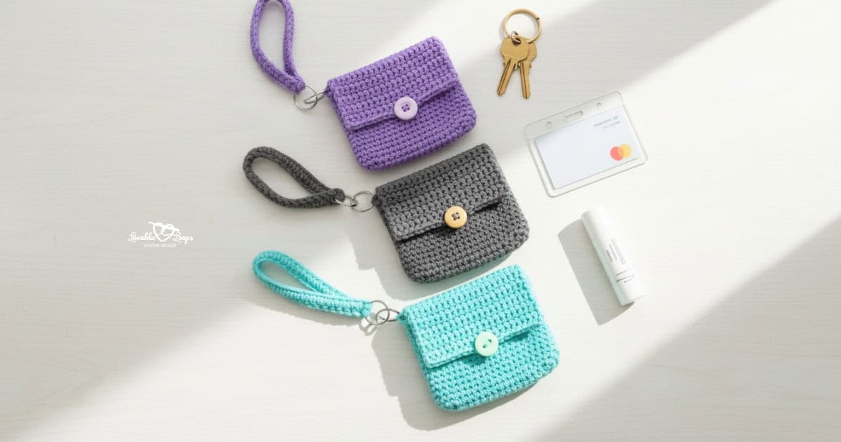 Three crochet wristlet pouches with button flaps and wrist straps styled with keys, a card holder, and lip balm on a light wood surface.