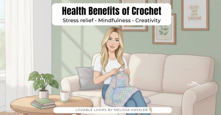 Avatar sitting on a couch and crocheting a pastel blanket in a calm living room with the text “Health benefits of crochet” and “Stress relief • Mindfulness • Creativity.”