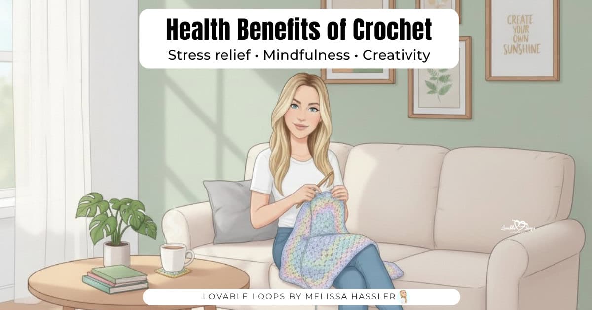 Avatar sitting on a couch and crocheting a pastel blanket in a calm living room with the text “Health benefits of crochet” and “Stress relief • Mindfulness • Creativity.”