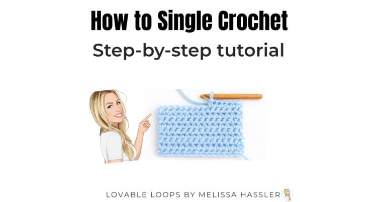 How to single crochet step-by-step tutorial showing a crochet hook making a single crochet stitch