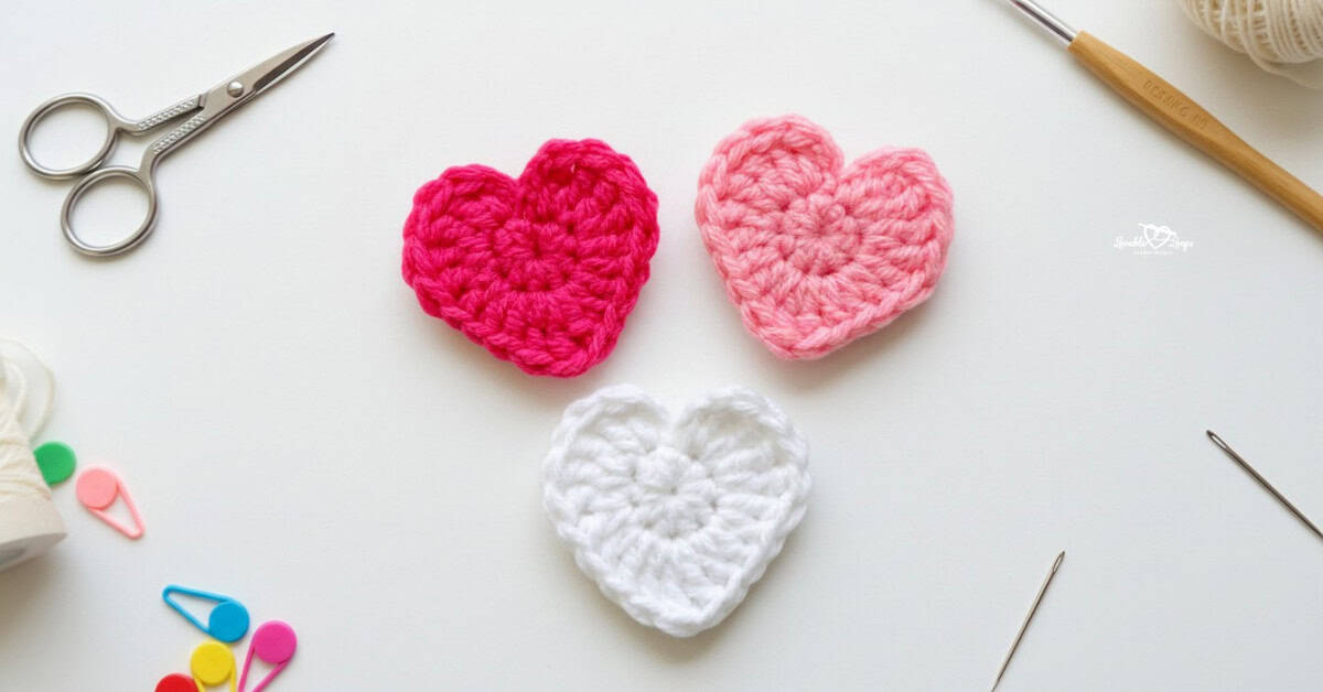Three crochet heart appliques in pink and white centered on a white desktop with scissors, a crochet hook, colorful stitch markers, and yarn needles around the edges.