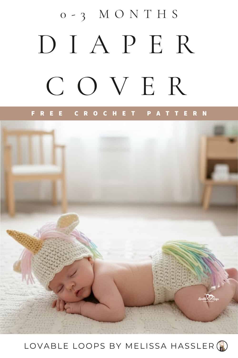 Baby unicorn diaper cover crochet pattern featuring a white crochet diaper cover paired with a matching unicorn hat for a 0&ndash;3 month baby photo prop.