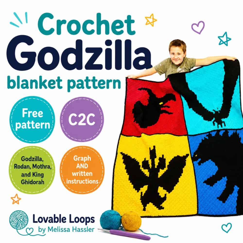 Square graphic for a Godzilla blanket crochet pattern featuring a boy holding a bold C2C crochet blanket with red, yellow, turquoise, blue, and black monster-themed panels. The clean layout includes free pattern, C2C, character, graph and written instructions callouts, yarn accents, and Lovable Loops by Melissa Hassler branding.