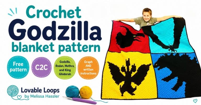 Featured image for a Godzilla blanket crochet pattern showing a colorful C2C monster blanket held by a boy on a bright white background. The graphic includes callouts for free pattern, C2C, Godzilla, Rodan, Mothra, and King Ghidorah, graph and written instructions, and Lovable Loops by Melissa Hassler branding.