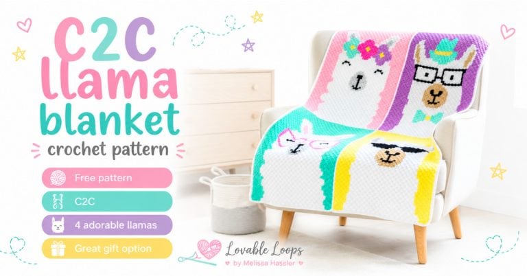 Featured image for a C2C llama blanket crochet pattern with a colorful four-llama crochet blanket draped over a chair in a bright nursery, plus pastel callouts for free pattern, C2C, 4 adorable llamas, and great gift option.