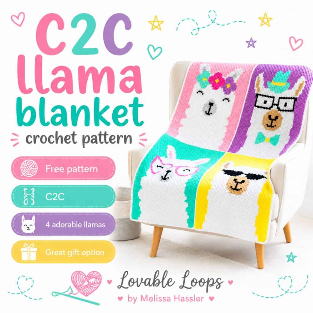 Square graphic for a C2C llama blanket crochet pattern showing a bright pastel llama blanket on a white chair, with four llama panels, playful accents, and callouts for free pattern, C2C, 4 adorable llamas, and great gift option.