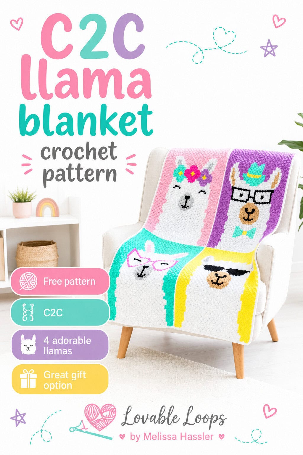 Pinterest pin for a C2C llama blanket crochet pattern featuring four colorful llama designs on a blanket draped over a chair, with callouts for free pattern, C2C, 4 adorable llamas, and great gift option.