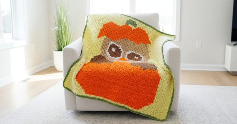 C2C owl pumpkin blanket crochet pattern shown on a cream chair in a bright living room with a green border.