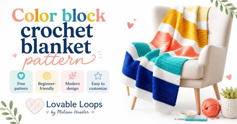Color block crochet blanket with bold sunset-inspired stripes separated by clean white rows.