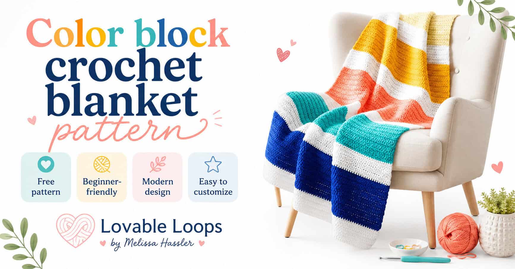 Color block crochet blanket with bold sunset-inspired stripes separated by clean white rows.