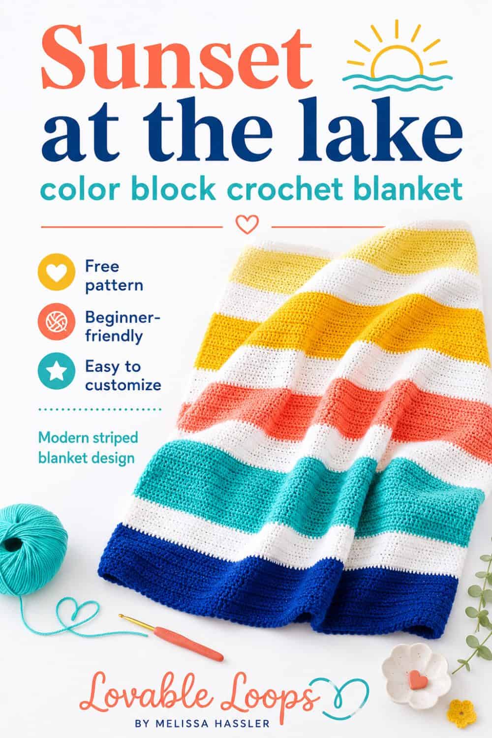 Free color block crochet blanket pattern featuring bright rows of color with white stripe details.