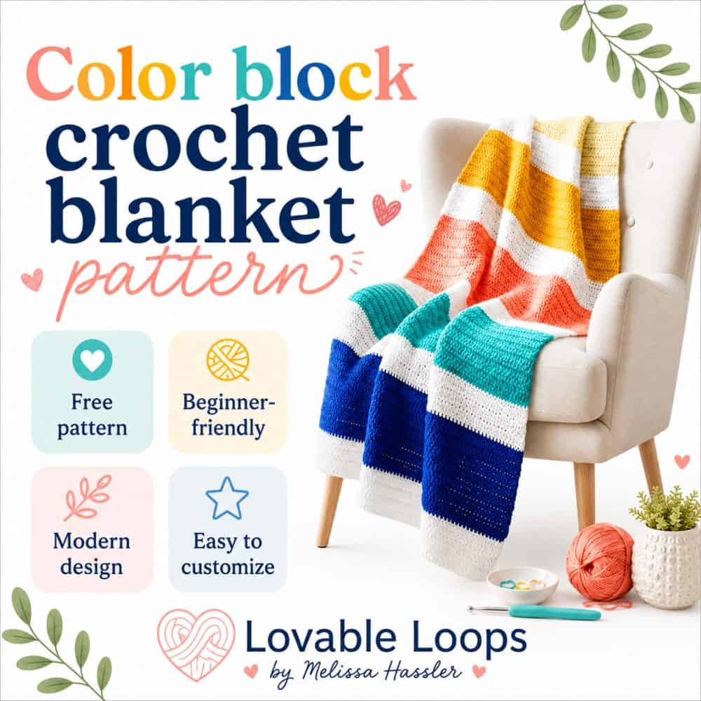 Square graphic for a color block crochet blanket pattern featuring a bright striped blanket draped over a chair, with callouts for free pattern, beginner-friendly, modern design, and easy to customize.
