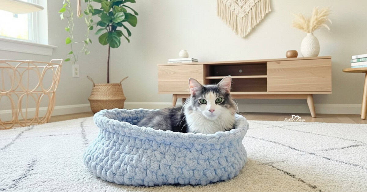 Soft blue crochet cat bed with a gray and white cat resting inside, styled in a bright modern living room.