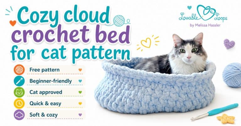 Soft blue crochet cat bed with a gray and white cat resting inside, styled in a bright modern living room.