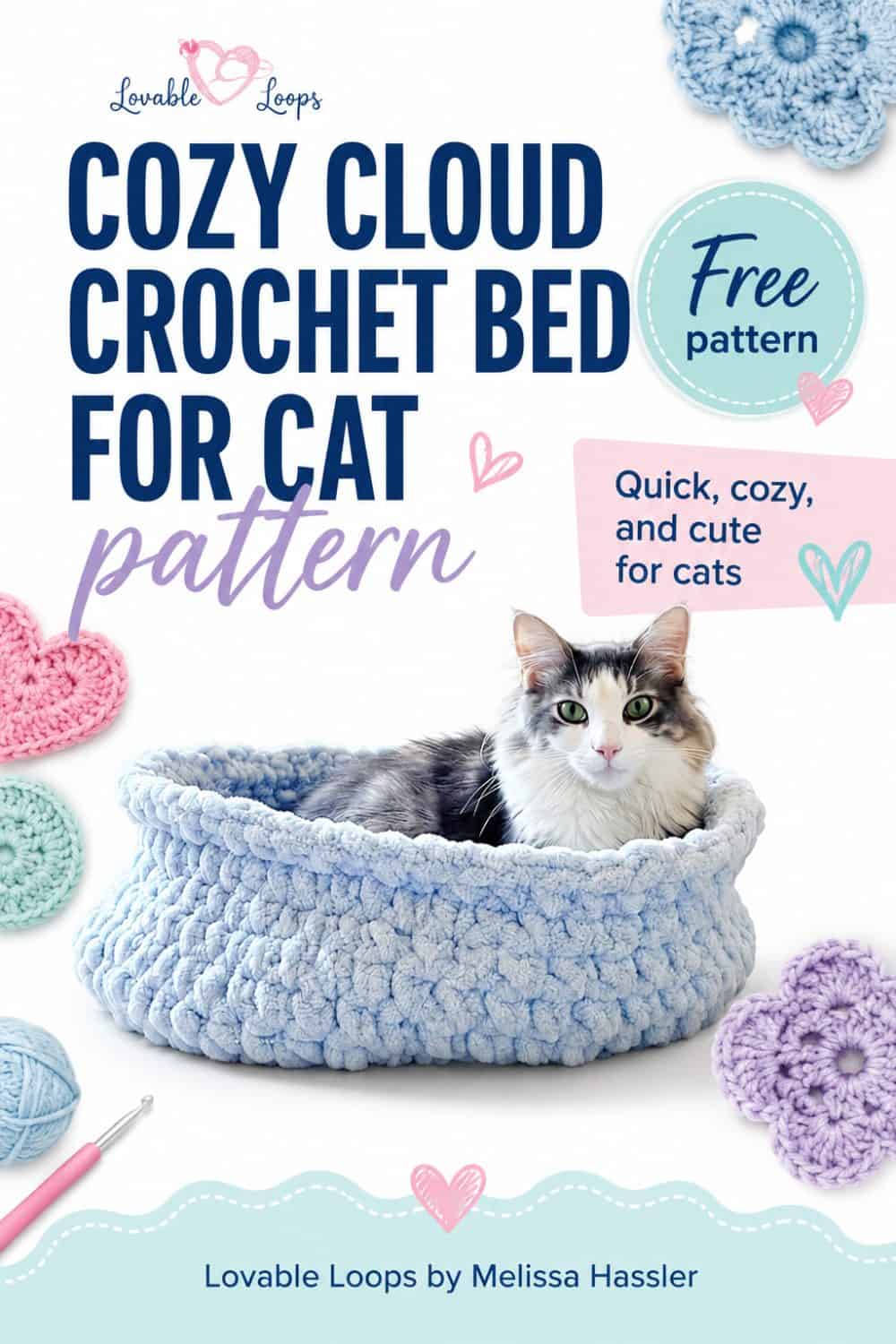 Gray and white cat resting in a soft blue crochet cat bed made with jumbo yarn