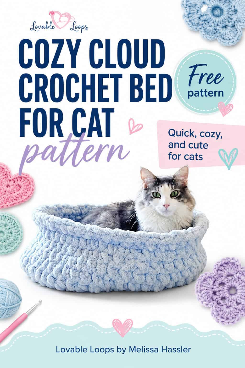 Gray and white cat resting in a soft blue crochet cat bed made with jumbo yarn