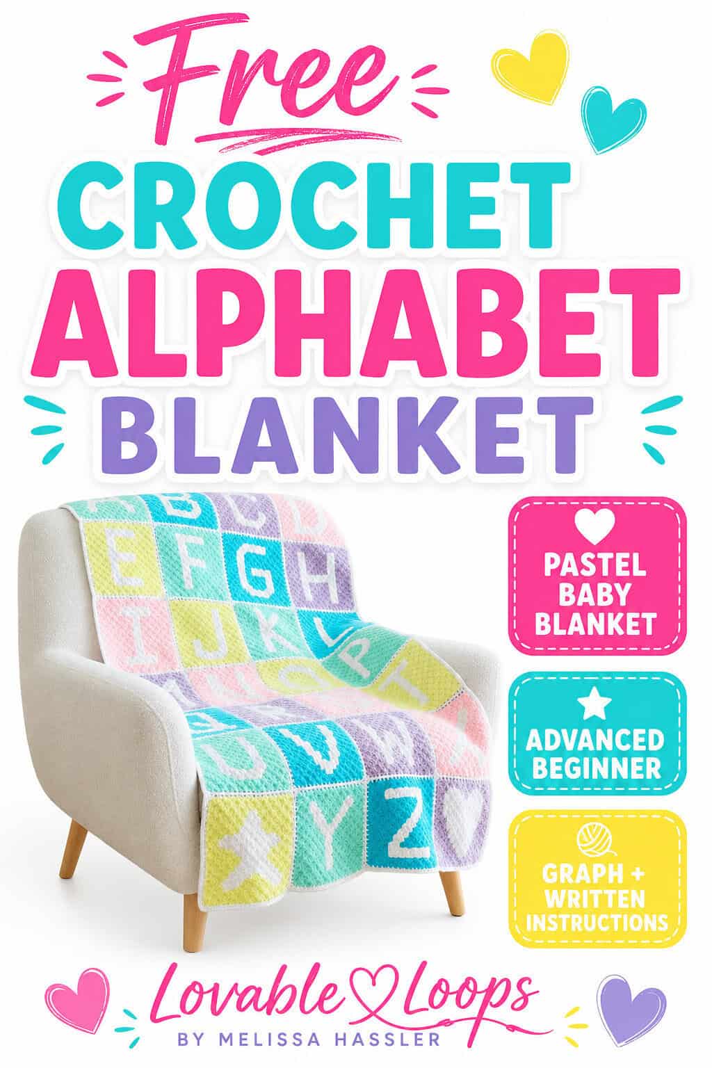Colorful C2C crochet alphabet blanket with A to Z letter panels joined into one handmade baby blanket.
