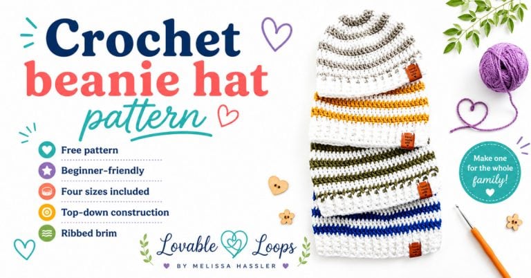 Crochet beanie hat pattern featured image with a stack of striped crochet beanies, colorful yarn, crochet hook, and callouts for free pattern, beginner-friendly, four sizes included, top-down construction, and ribbed brim.