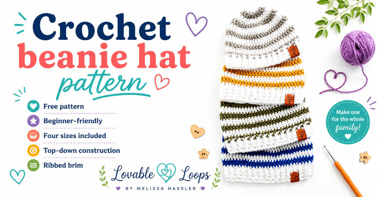 Crochet beanie hat pattern featured image with a stack of striped crochet beanies, colorful yarn, crochet hook, and callouts for free pattern, beginner-friendly, four sizes included, top-down construction, and ribbed brim.